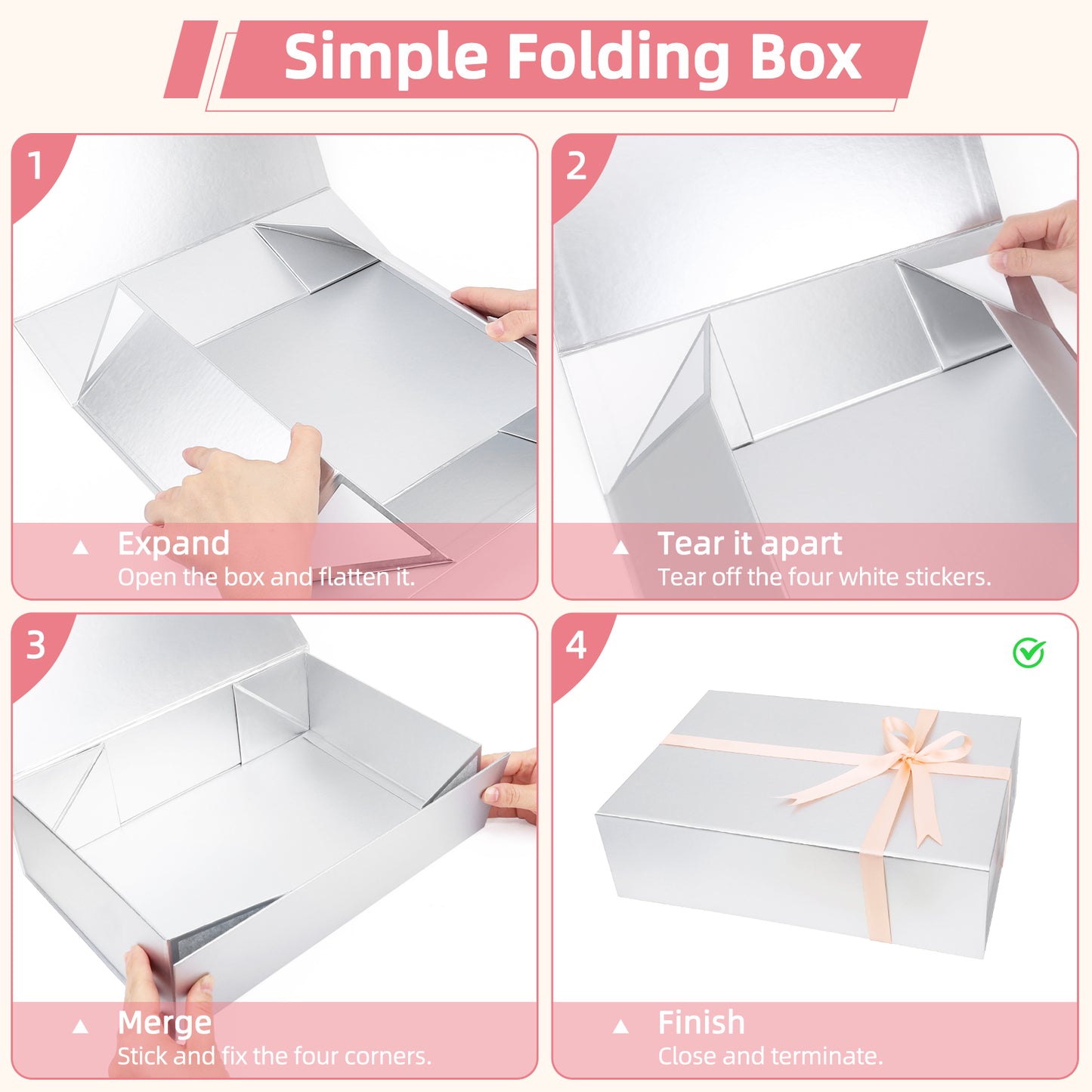 Folding Box Silver Gift Box Foldable, Suitable for Best Man Proposal Box, Wedding, Christmas, Halloween, Birthday Gift Packaging
