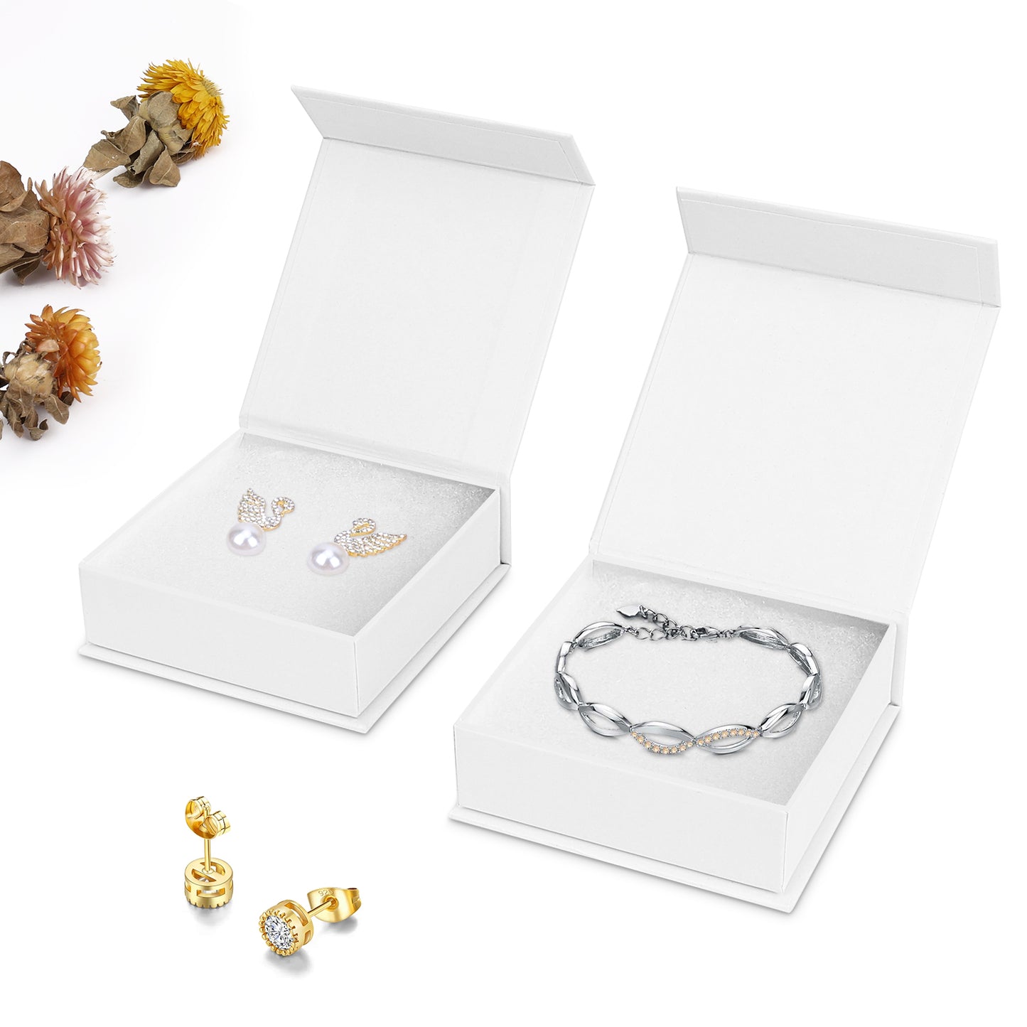 5 cotton filled and covered small jewelry gift boxes, jewelry storage display boxes, necklaces, earrings, rings in white