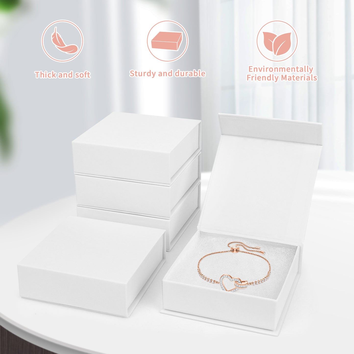 5 cotton filled and covered small jewelry gift boxes, jewelry storage display boxes, necklaces, earrings, rings in white