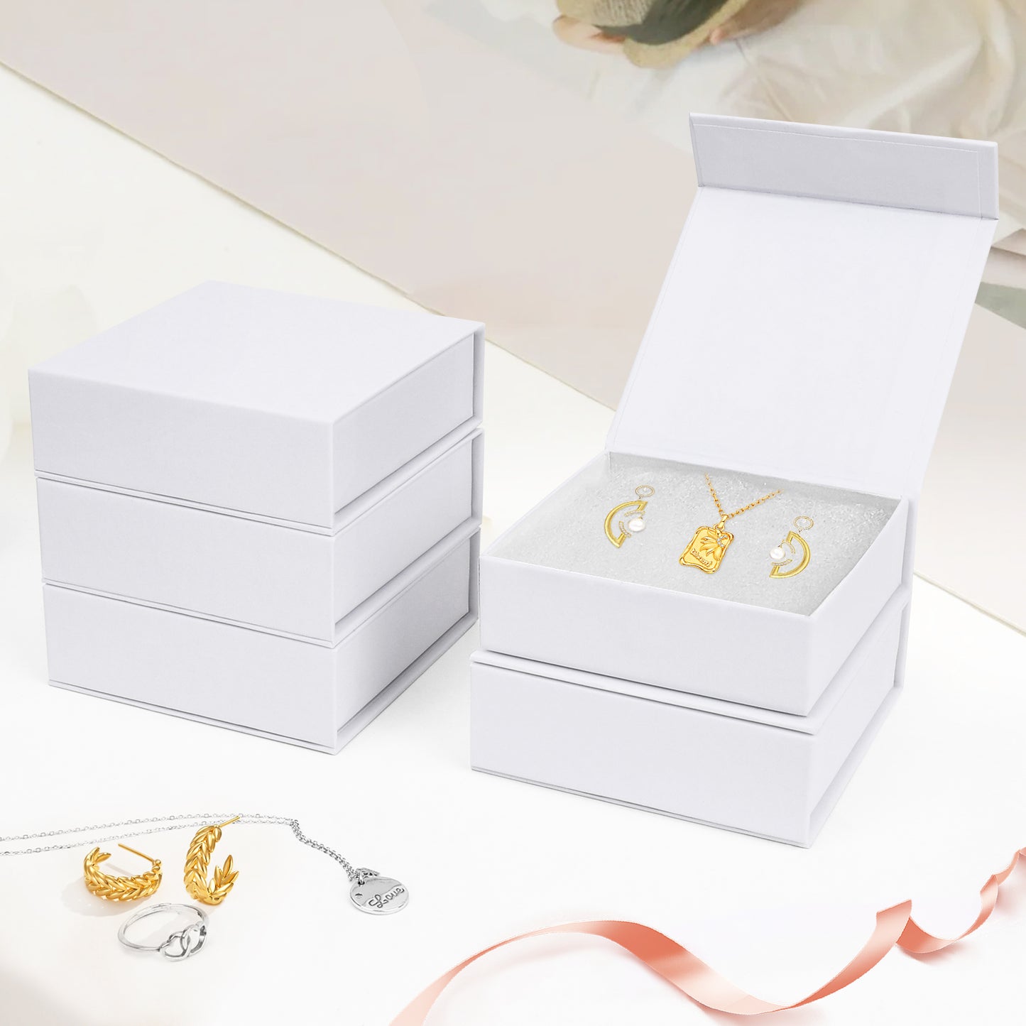 5 cotton filled and covered small jewelry gift boxes, jewelry storage display boxes, necklaces, earrings, rings in white