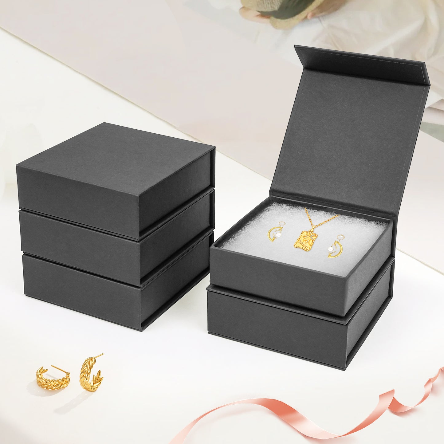 5 small jewelry gift boxes with cotton filling and lid, jewelry storage display box, necklace earring ring, black