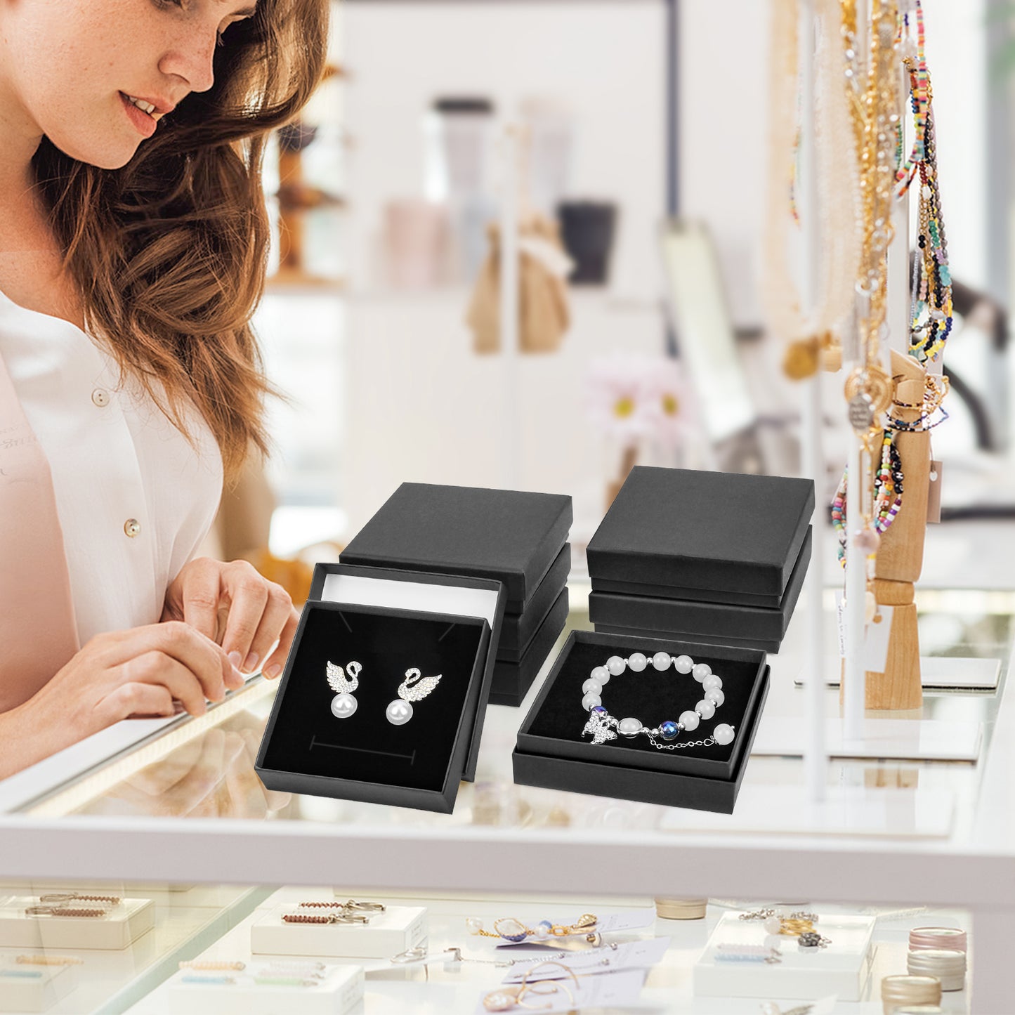 20 pieces of cardboard jewelry gift box, jewelry box packaging, small earring gift box with lid, necklace, ring, bracelet, party (black)